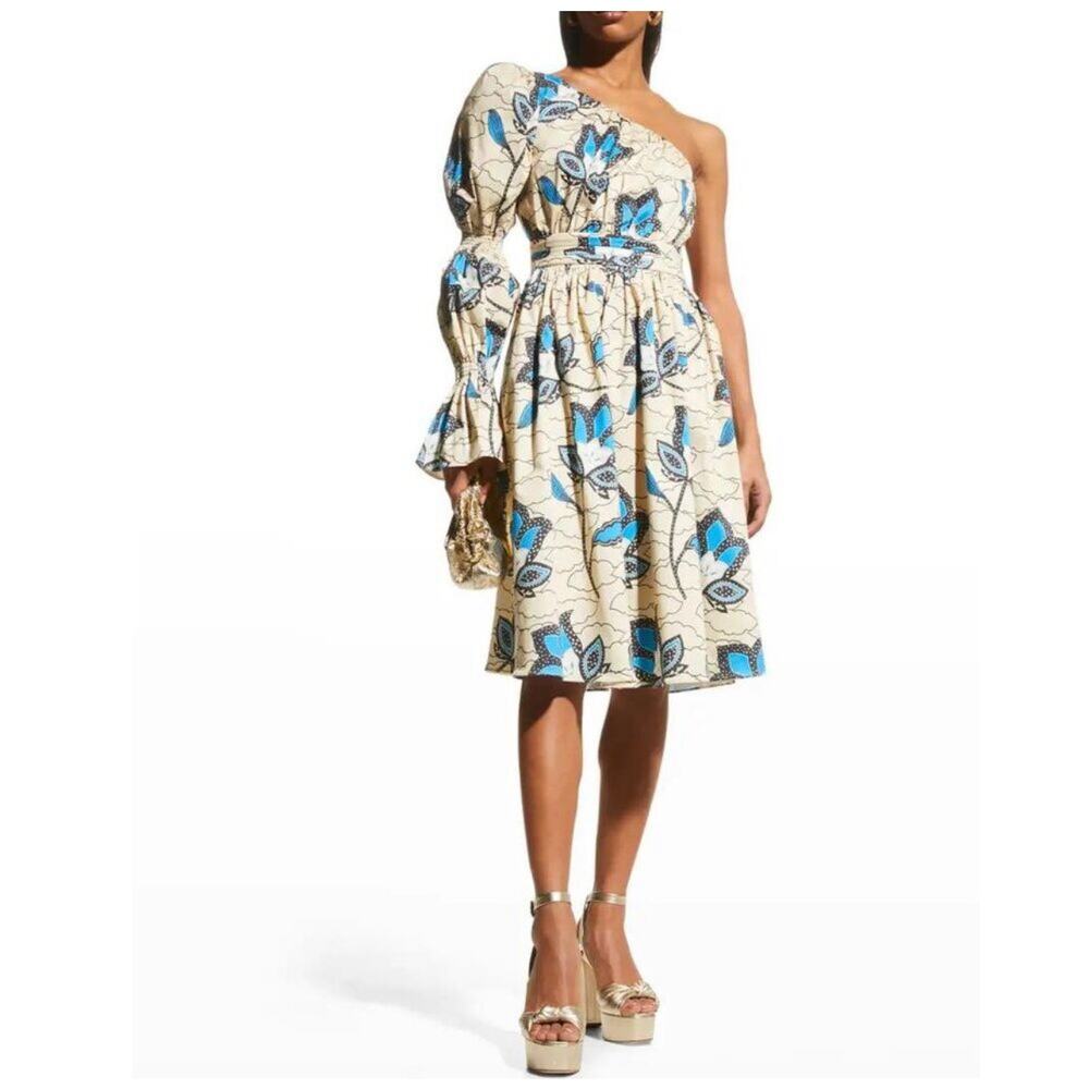 Autumn Adeigbo Blue Floral One Shoulder Puff Sleeve Cutout Midi Dress Size 4 - Picture 2 of 6